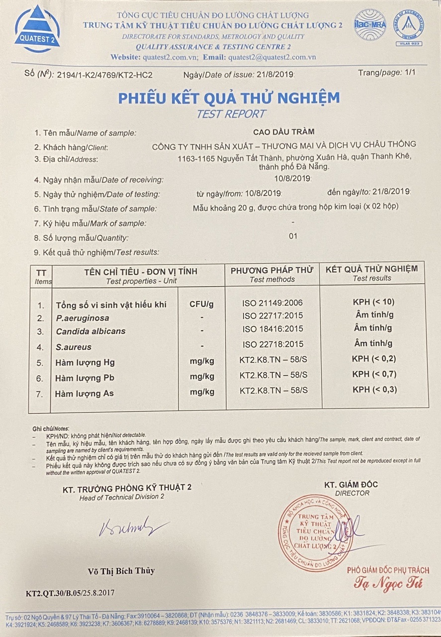 Phiếu test độ an toàn các thành phần có trong Cao dầu tràm thiên nhiên