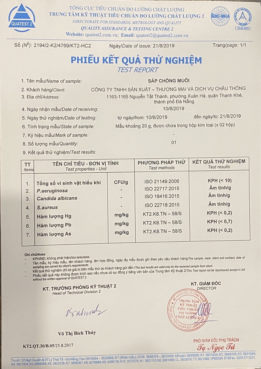 Phiếu test độ an toàn các thành phần có trong Sáp Chống Muỗi Thiên nhiên