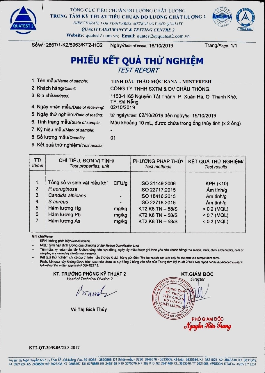 Phiếu test độ an toàn các thành phần có trong Tinh dầu thảo mộc