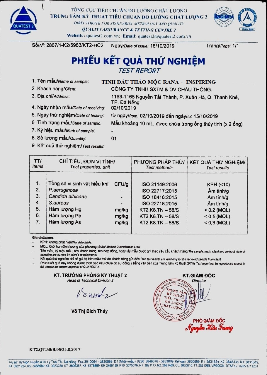 Phiếu test độ an toàn các thành phần có trong Tinh dầu thảo mộc