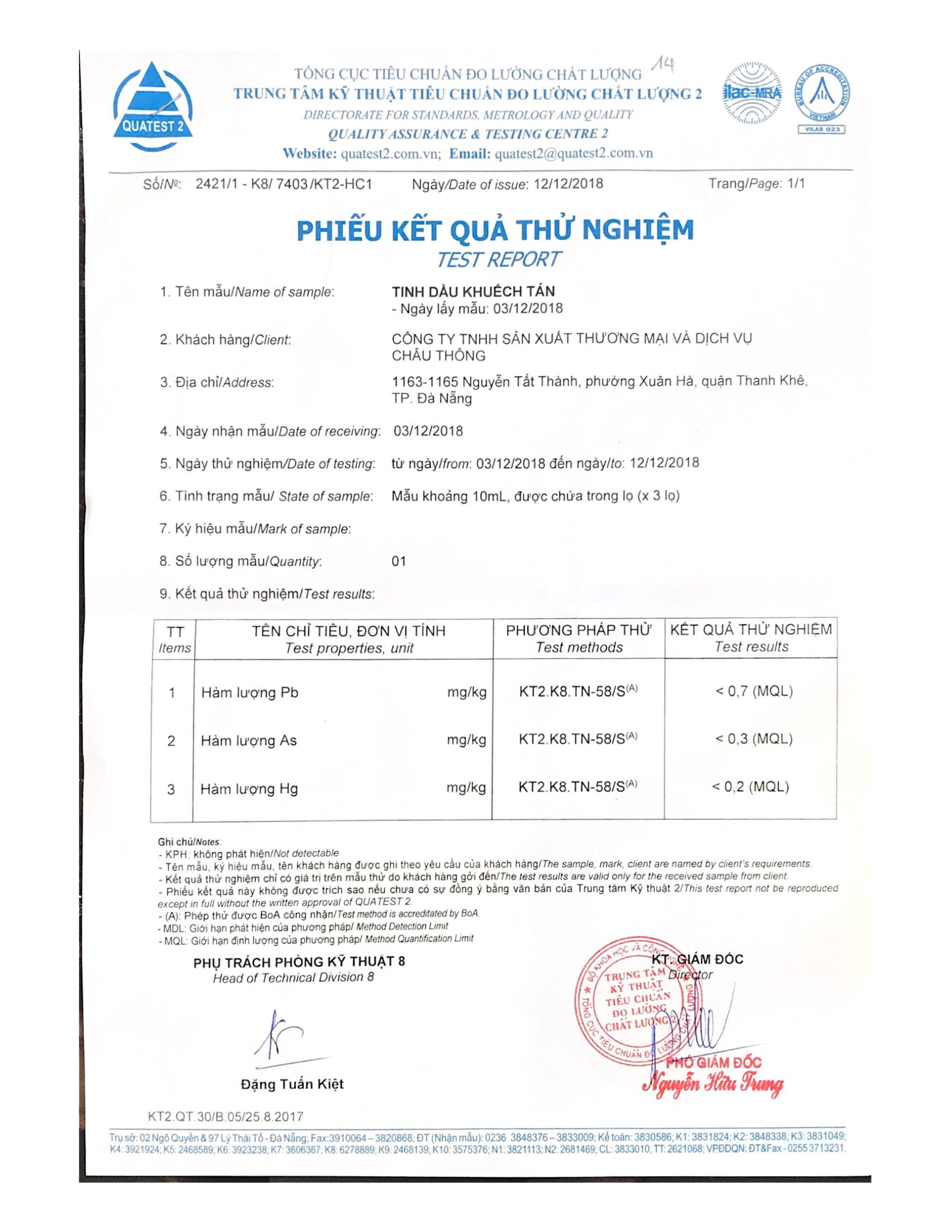 Phiếu test độ an toàn các thành phần có trong tinh dầu thiên nhiên Mangala