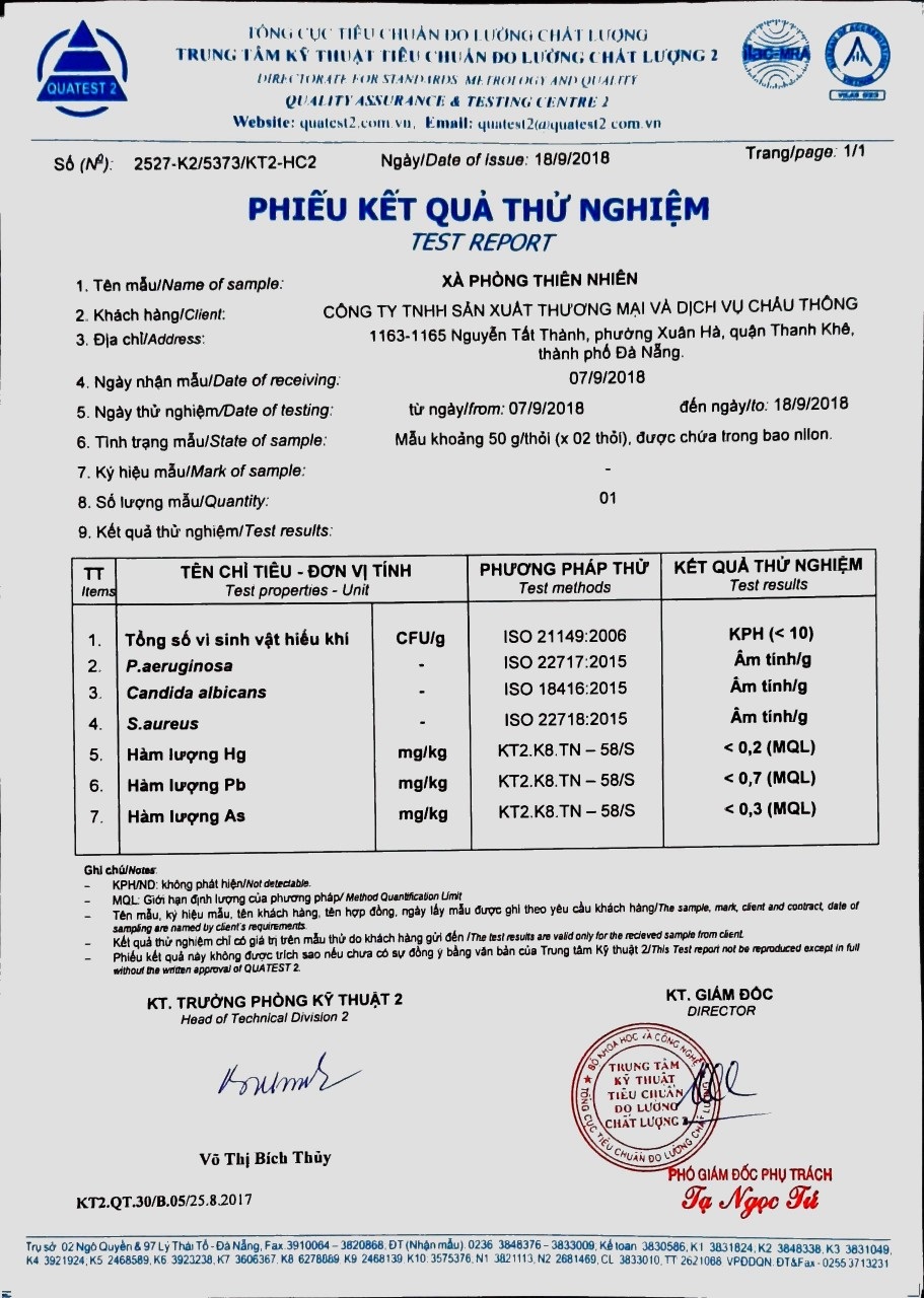 Phiếu test độ an toàn các thành phần có trong xà phòng thiên nhiên Mangala